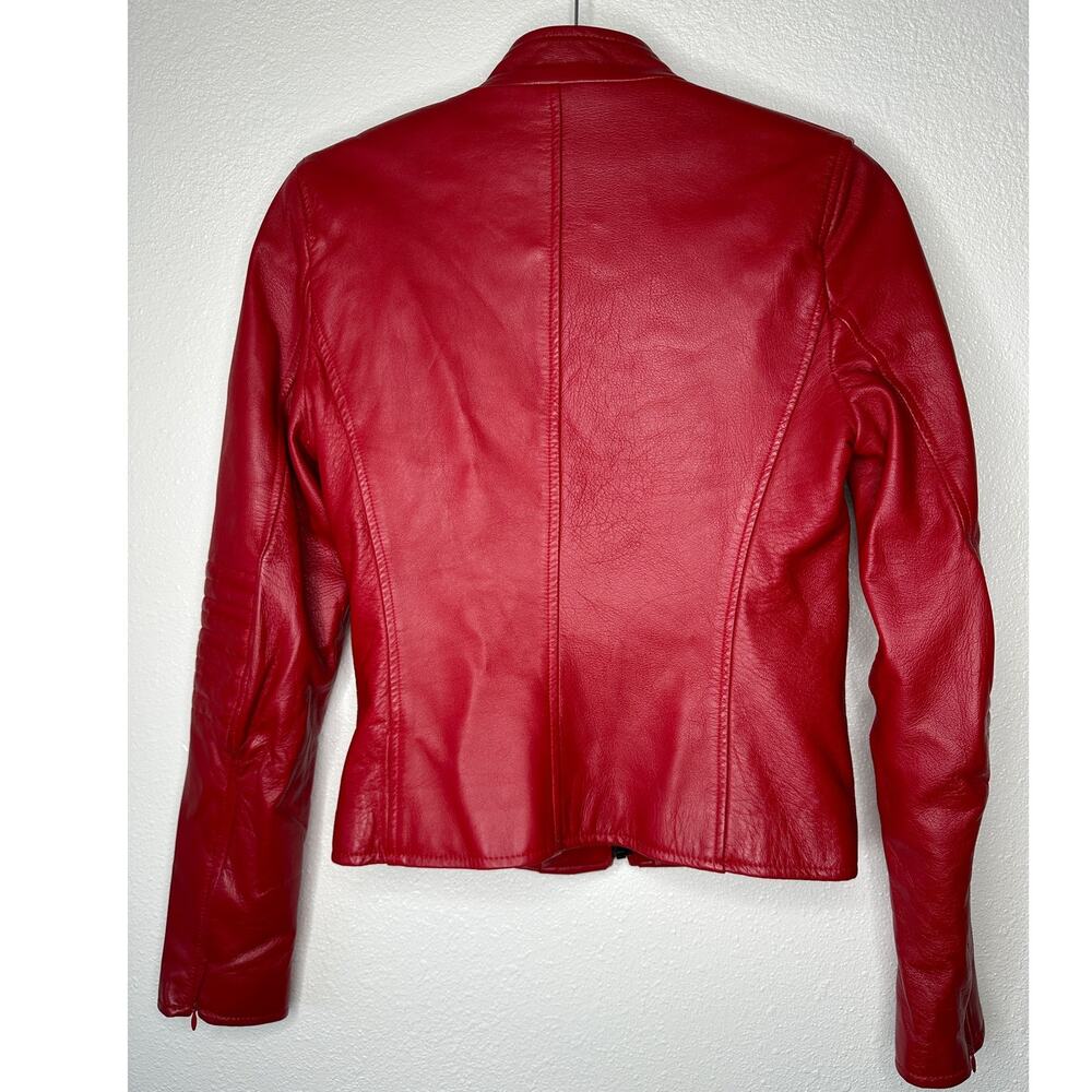 William B Cherry Red 100% Leather Moto Jacket Front Zip Silk Lining S - Picture 14 of 14